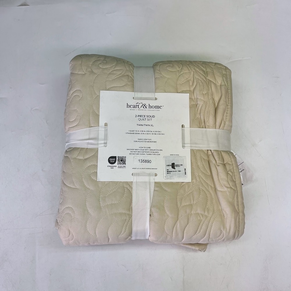 Heart & Home 2-Piece Solid Quilt‎ Set Twin Twin XL Tan Beige Scroll Pattern NEW